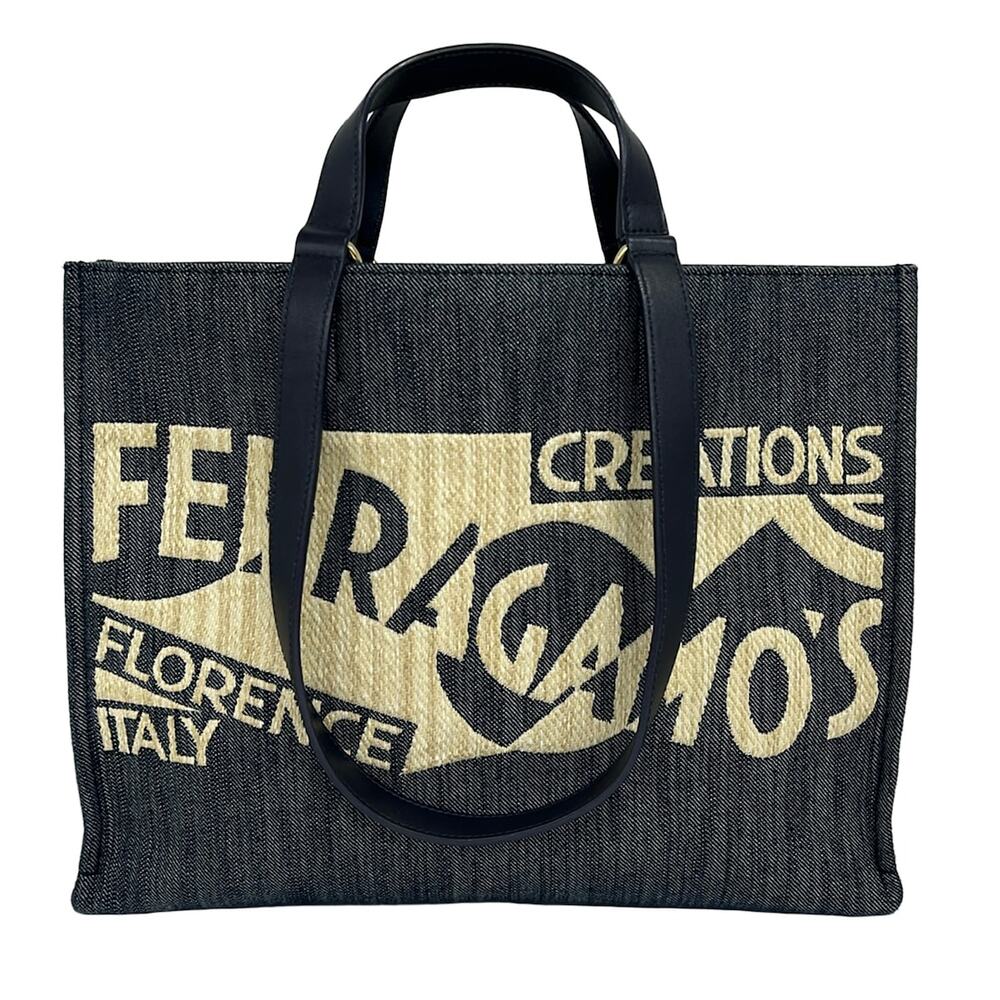 Salvatore Ferragamo Tote Bag Navy Cream Denim Leather